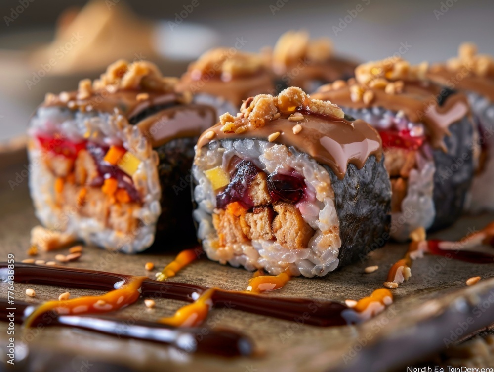 Poster a close up of a sushi roll with chocolate sauce and nuts. generative ai.