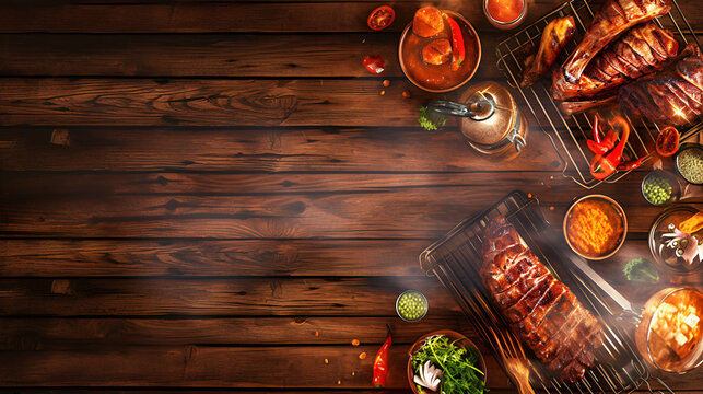 Grilled Epicure Dinner: Texas Barbecue Pork Meat Slices with Fresh Vegetables Copy Space, On Top View, Grilled meat steak on stainless grill depot with flames on dark background. Generative Ai 