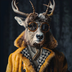 Naklejka premium Stylish Anthro Reindeer in Trendy Fashion Attire and Sunglasses Captured with a Dynamic Low Angle Magazine Style Composition