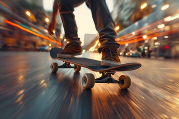 Dynamische Aufnahme eines Skateboarders auf den Straßen einer großen Stadt, Action und Geschwindigkeit