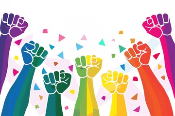 Colorful hand fist rising above white banner with rainbow confetti. LGBT; Pride day concept. Copy space for advertisement