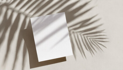 Aesthetic branding or invitation card template. Blank paper invitation card sheet with empty mock up copy space with soft delicate palm leaf shadow. Greeting card. Neutral colors