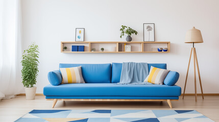 Chic Living Room with Vibrant Blue Sofa and Geometric Rug Design