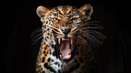 Fierce Leopard Growling in Darkness