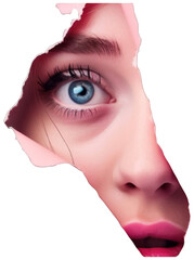 Womans Face Peeking Through Hole in Pink Wall. Transparent Background PNG