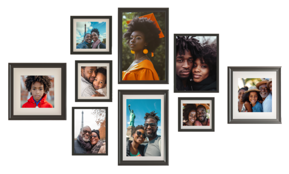 Set of different sizes of photography frames with African American family photos. Isolated on white transparent background