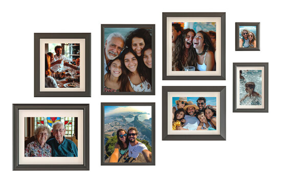 Wall frames collection with Caucasian family pictures over isolated transparent background