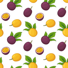 Seamless pattern with passion fruit. Vector illustration of passion fruit on a white background.