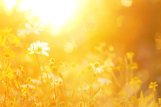 Golden sun light over wild flowers field. Close up image