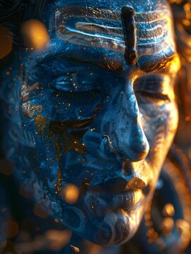 Closeup Portrait of Hyper-Realistic Lord Shiva in Cosmic Blue Wallpaper, a Divine Representation of Hindu God Shiva, Perfect for Spiritual and Religious Themes