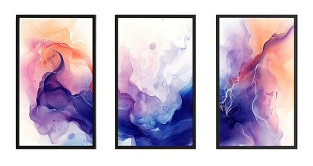 Three thin frames of purple watercolor abstract painting over white transparent background
