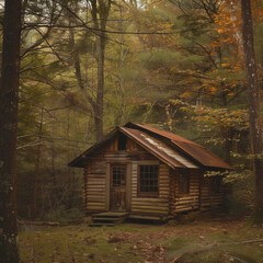 Secluded Rustic Woodland Cabin Surrounded by Autumn Trees