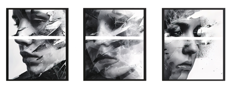 Black and white modern abstract paintings of faces with black frames over isolated transparent background
