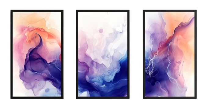 Three thin frames of purple watercolor abstract painting over white transparent background