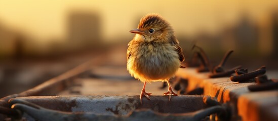 A tiny bird with feathers of various colors is standing on a long metal railing under the bright sun - Powered by Adobe