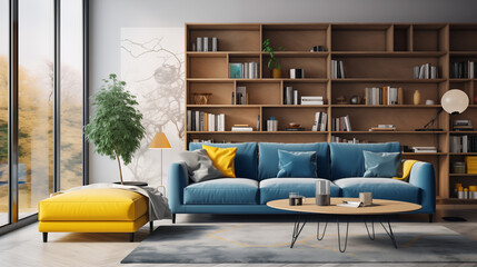 Chic Living Room Interior with Teal Couch and Golden Yellow Ottoman