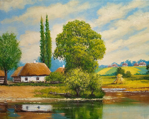 Oil paintings rustic landscape, fine art, old house on the river.  Summer rural landscape, old village, sheaves of wheat on the river bank, reflection in the water.