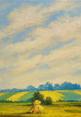 Oil paintings rustic landscape, fine art. Summer rural landscape, sheaves of wheat  - 776495288