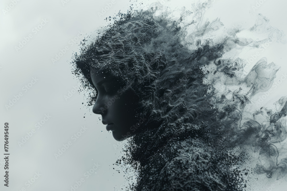 Poster a person's silhouette dissolving into a swarm of pixels, symbolizing the integration of the digital 