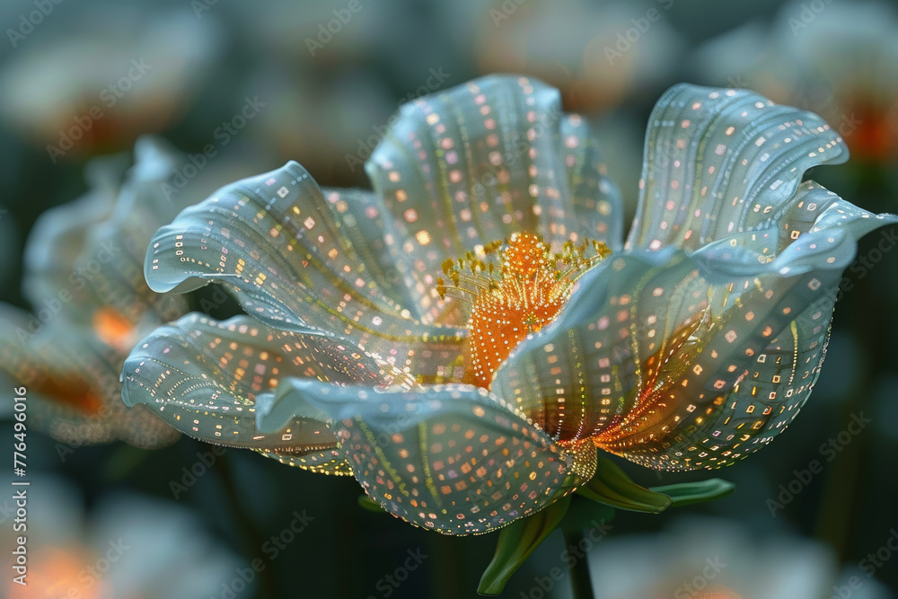 Poster binary code transforming into blooming flowers, illustrating the blossoming of ideas in the digital 