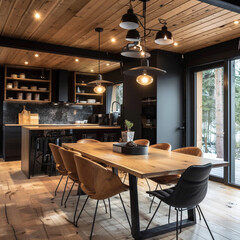black and wood cabin interior lights and chairs, designer dinner table chairs  bright, natural leather, cement wall, pine wood yellow flooring, open plan kitchen with pine wood shelves, cabinets