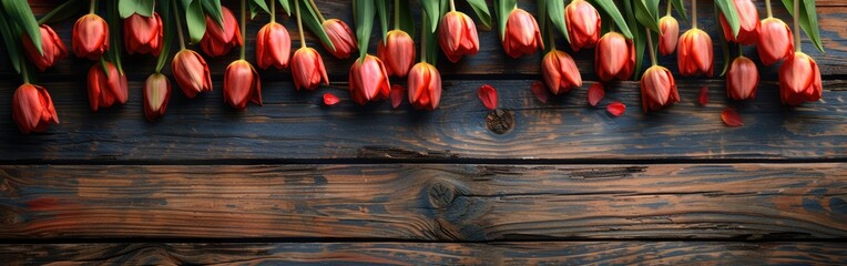Naklejka na ściany i meble Vintage Floral Border Frame on Wood with Tulip Blossoms - Spring/Summer Design in Retro Hues