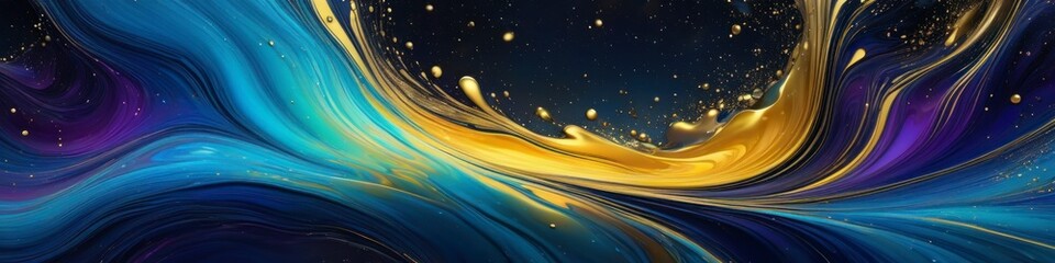 Abstract dark background with turquoise and gold waves and bubbles. Background for banner design, poster, text inserts.	