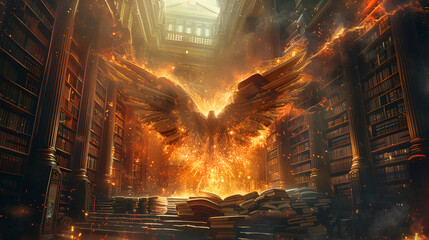 Ethereal Cascade of Flaming Tomes in a Mystical Library Sanctuary - obrazy, fototapety, plakaty