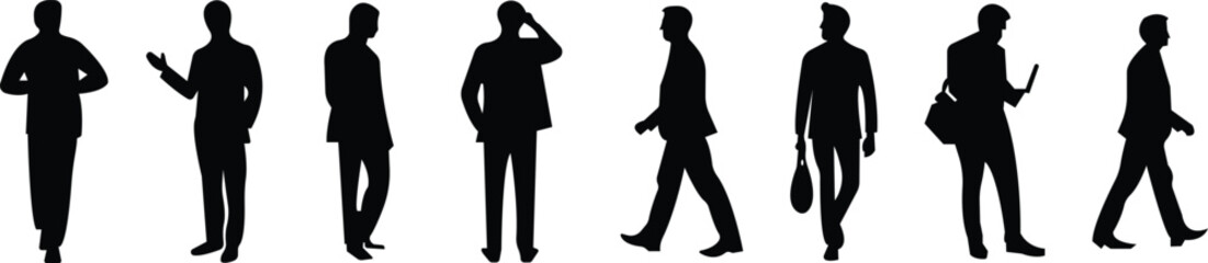 Silhouettes of males working group of standing business employees black icon set vector flat. The concept of office man workers, director and subordinates isolated on transparent background.