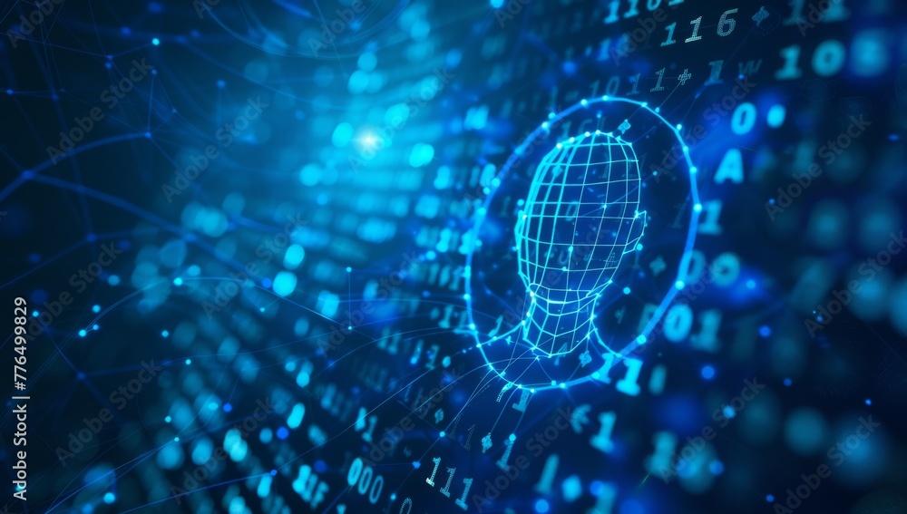 Poster blue glowing digital human icon with binary code background, representing online security and techno