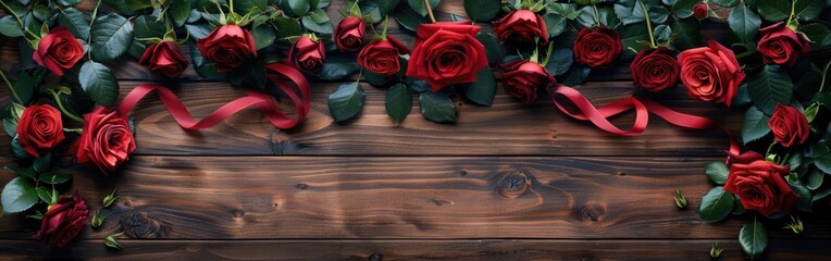 Red Rose Romance: Floral Frame with Ribbon on Wooden Background