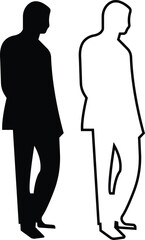 Silhouettes of males working group of standing business employees black icon set vector line or flat. The concept of office man workers, director and subordinates isolated on transparent background.
