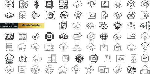 Information Technology web icon set in line style. Network, web design, website, computer, software, progress,programming, data, internet, collection. Vector illustration.