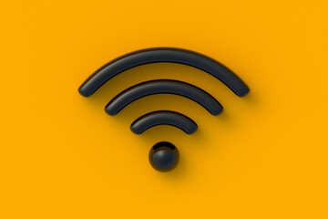 Wi Fi symbol on orange background. Wi-fi icon. Wireless technology. Free Internet access zone. Top view. 3d render