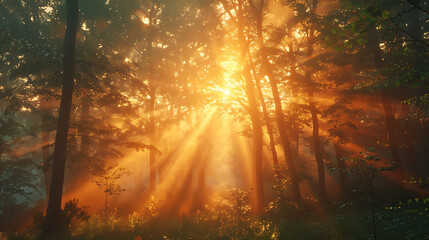Sun rays piercing through dense forest canopy at sunrise - the magic of dawn