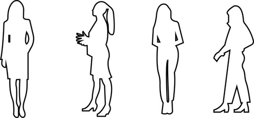 Silhouettes of females working group of standing business employees black icon set vector line. The concept of office woman workers director and subordinates isolated on transparent background.