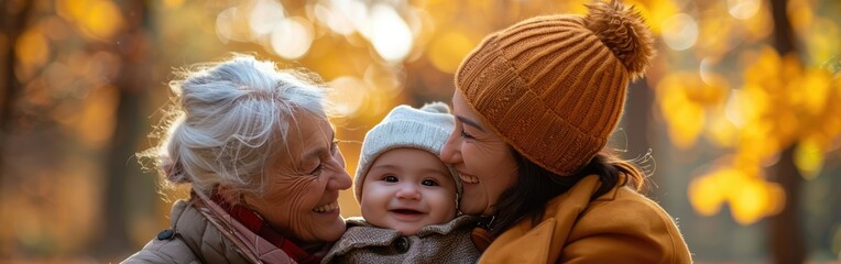 Autumn Family Fun: Grandmother, Mother, and Baby Share Smiles and Bonding Time in the Park - obrazy, fototapety, plakaty