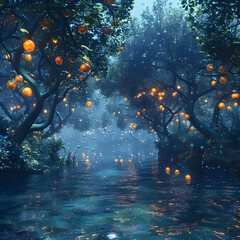 Enchanting Underwater Oasis with Bioluminescent Fruit Bearing Trees and Bubbling Serenity