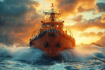 Rolgordijnen A lifeboat sailing towards a shipwreck to rescue survivors. Concept of maritime rescue. Generative Ai. © Sebastian