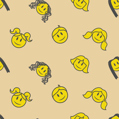 GIRLS SMILEY FACES EMOJI SEAMLESS PATTERN WITH DIFFERENT FACES AND POSITIONS VECTOR ILLUSTRATION