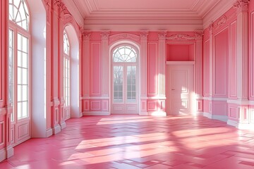 Fototapeta premium pink room with a large window and gleaming white floorboards, creating a soothing and elegant ambiance