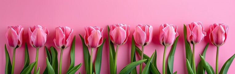 Spring Occasions Tulip Bouquet on Pastel Pink - Valentine's, Easter, Mother's, Women's Day, Birthday - Flat Lay Copy Space