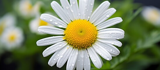 Fototapeta premium Beautiful close-up of a white flower featuring a vibrant yellow center, creating a stunning contrast in nature