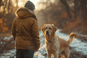 A faithful canine companion wagging its tail beside its owner, exemplifying loyalty and companionship. Concept of unconditional love and friendship. Generative Ai.