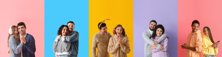 Collage of young couples in love on color background
