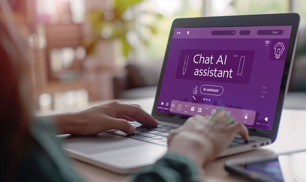 A person using a laptop to talk to a chat bot, conversational AI or artificial intelligence interface. Concept artificial intelligence, chatbot, machine and human interaction.