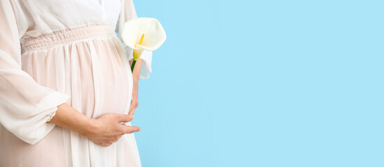 Young pregnant woman with calla lily on blue background, closeup