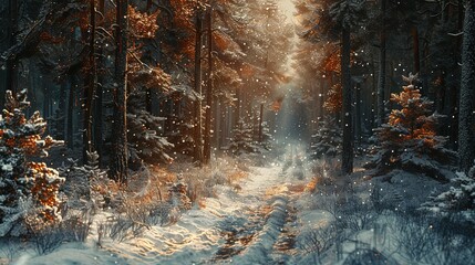 A path in the snowy winter forest with copy space generative ai illustration - obrazy, fototapety, plakaty