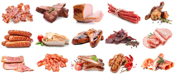 Collection of tasty meat dishes on white background