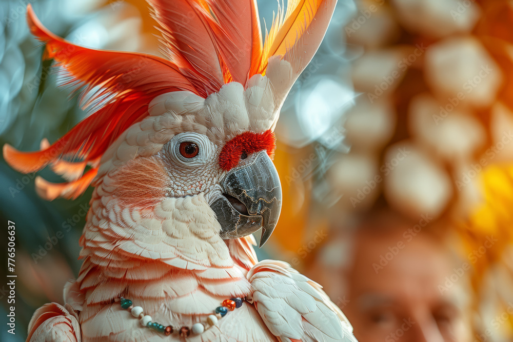 Sticker A cheerful cockatoo entertaining its owner with its vibrant plumage and lively personality. Concept of amusement and companionship. Generative Ai.